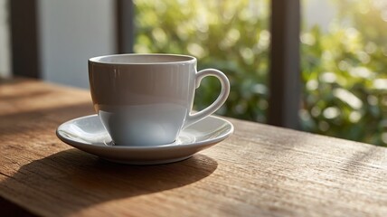 Minimalist Coffee Cup with Sunlight and Copy Space 