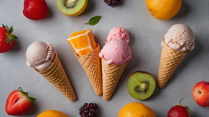 Modern Fruit Ice Creams on Gray Background with Copy Space
