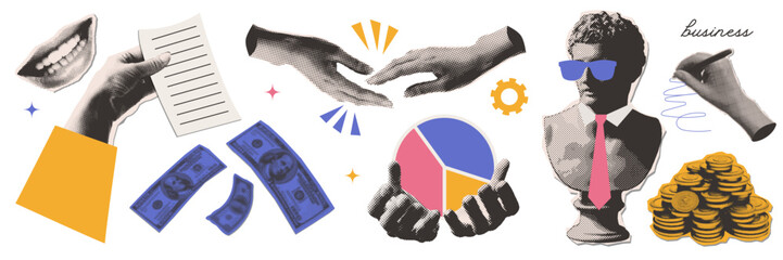 Naklejka na ściany i meble Set of trendy paper cut out elements of halftone collage. Concept of successful business. Various hands stickers, ancient statue with businessman vibe, gold coins. Ready to use elements for design