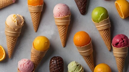 Modern Fruit Ice Creams on Gray Background with Copy Space