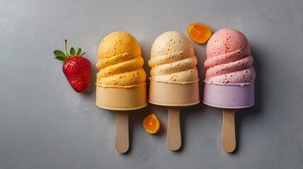 Modern Fruit Ice Creams on Gray Background with Copy Space