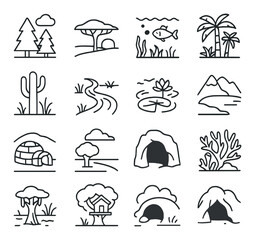 Animal habitat collection: nature ecosystem icons. wildlife and biodiversity symbols