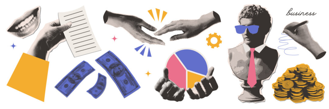 Set of trendy paper cut out elements of halftone collage. Concept of successful business. Various hands stickers, ancient statue with businessman vibe, gold coins. Ready to use elements for design