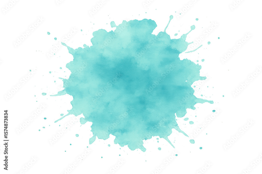 Poster turquoise watercolor splash with many splatters creating an artistic and vibrant effect on transpare