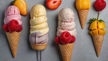 Modern Fruit Ice Creams on Gray Background with Copy Space