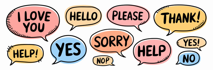 Hand-drawn speech bubbles with polite and emotional phrases in various sizes