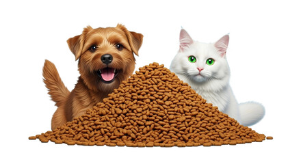 Adorable Dog and Cat with Pet Food Pile Isolated on a Transparent Background PNG