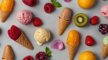 Modern Fruit Ice Creams on Gray Background with Copy Space