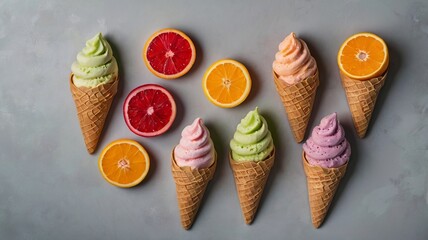 Modern Fruit Ice Creams on Gray Background with Copy Space