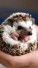 Adorable hedgehog nestled in gentle hands, a small pet with quills showing its tiny feet in close up. © ANDRIANSYAH STUDIO