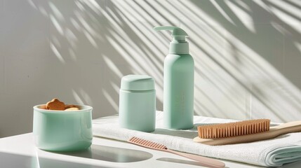 Serene Bathroom Still Life: Pastel Green Toiletries, Wooden Brushes, and Delicate Shadows Creating a Calming Spa-Like Aesthetic.