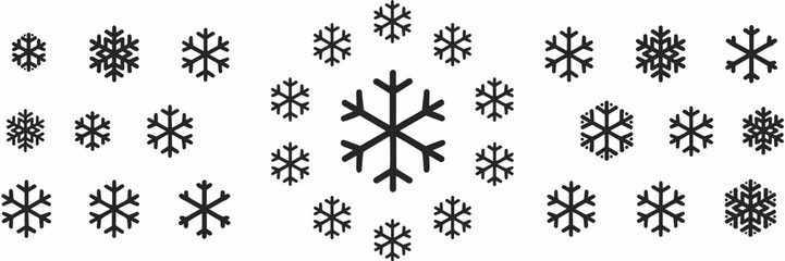 Circular layout of snowflake icons in various sizes and styles on white background