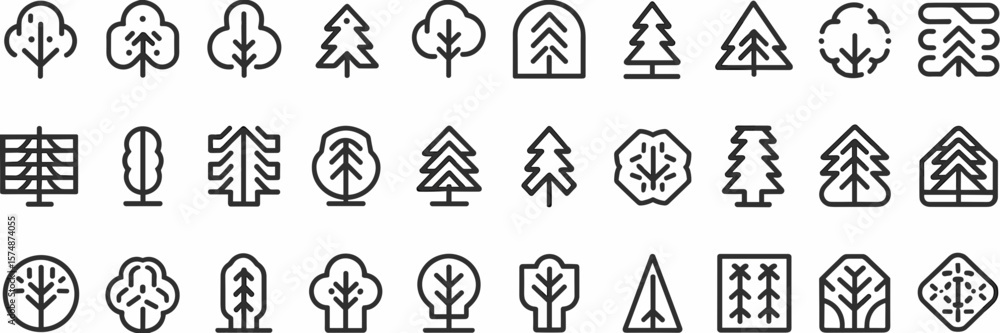 Poster stylized vector tree icons in flat and outline styles with modern design