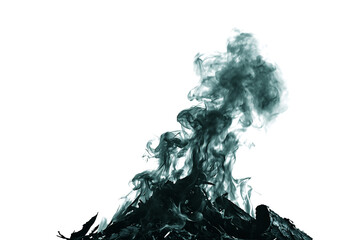 Abstract monochrome image of dense billowing smoke over a pile of wood