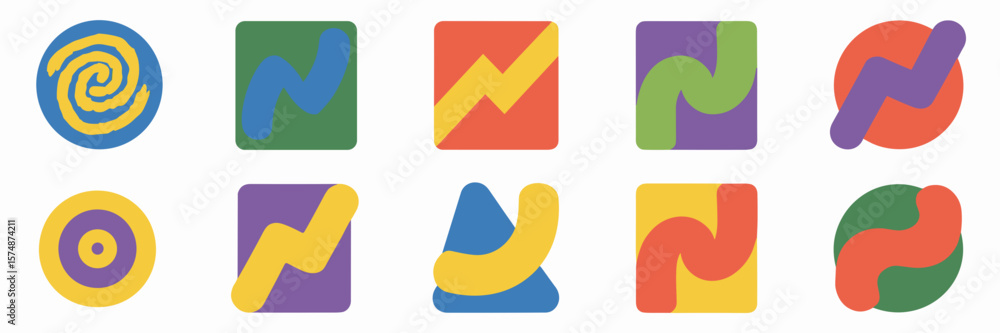 Aufkleber colorful brush stroke icons in geometric frames with dynamic patterns
