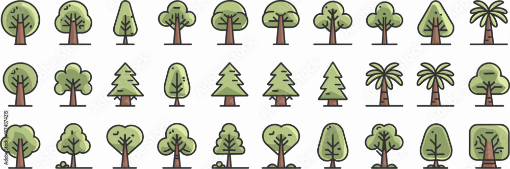 Poster vector sheet of stylized flat and outline tree icons including palm and coniferous