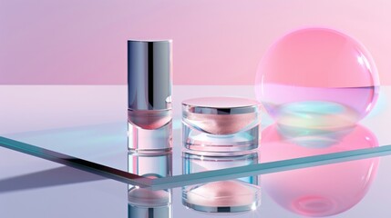 Elegant cosmetic display on a glass surface with a pink sphere reflecting light creating soft pastels and appealing modern aesthetics.
