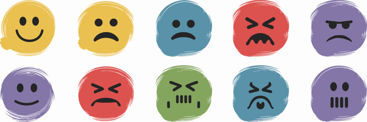 Fototapeta premium Expressive brush stroke emotion icons with unique colors and shapes