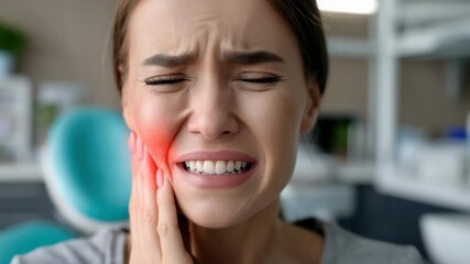 Tooth pain scene: facial discomfort, gum swelling, jaw pressure, molar sensitivity, oral hygiene, dental condition, cheek clutch, dentist visit, enamel ache, cavity threat, woman suffering.