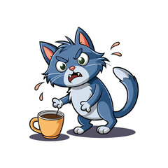 Mischievous Cat Knocking Over Coffee Mug Vector Illustration, Funny Cat Spill Scene, Playful Kitten with Coffee Cup on White Background, Cute Pet Mischief Design