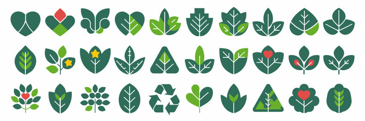 Obraz premium Leaf vector icons with hearts, stars, circles, and eco symbols on white background
