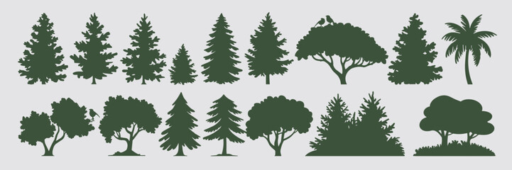 Nature-themed tree silhouettes of various types with birds and park elements