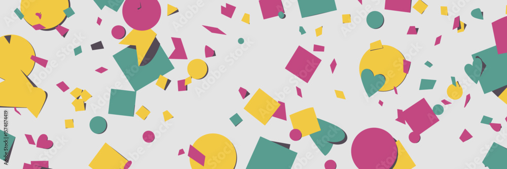 Poster confetti in various shapes floating on white background