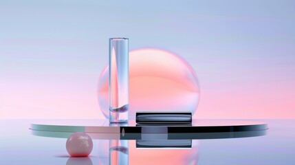 Ethereal Still Life Composition Featuring Glassware, Geometric Shapes, and Reflective Surfaces Against a Soft, Dreamlike, Pastel Gradient Background Creates a Serene Atmosphere.