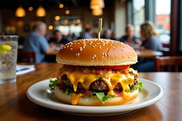 Delicious Gourmet Burger with Melted Cheese and Fresh Toppings on a Wooden Table in a Restaurant