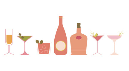 Hand drawn collection of bottles, drinks and cocktails in flat style. Simple vector illustration in pastel retro colors. Beverage icon set