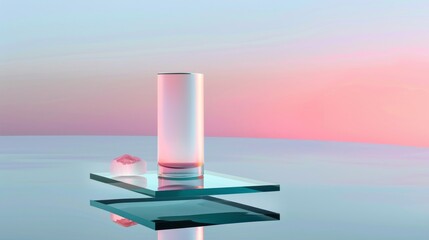 Serene Still Life Featuring Glass Structures on Reflective Surfaces Against a Gradient Sky, Creating an Ethereal, Contemporary Aesthetic for Calm Visual Appeal