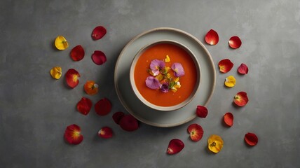 Tomato Soup with Edible Flower Petals on Minimalist Background and Copy Space
