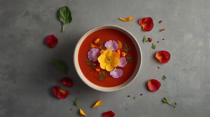 Tomato Soup with Edible Flower Petals on Minimalist Background and Copy Space
