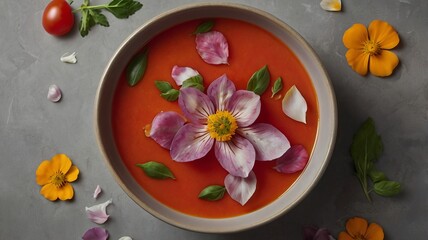 Tomato Soup with Edible Flower Petals on Minimalist Background and Copy Space