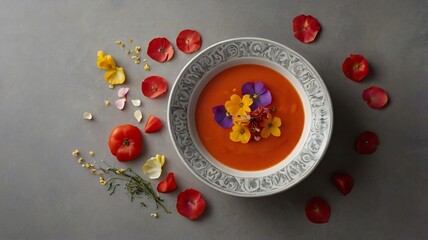 Tomato Soup with Edible Flower Petals on Minimalist Background and Copy Space