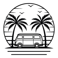 Retro Van Life Palm Tree Sunset Beach Vacation Travel T Shirt