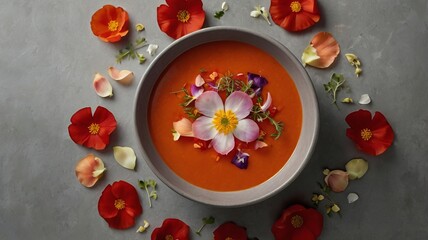 Tomato Soup with Edible Flower Petals on Minimalist Background and Copy Space