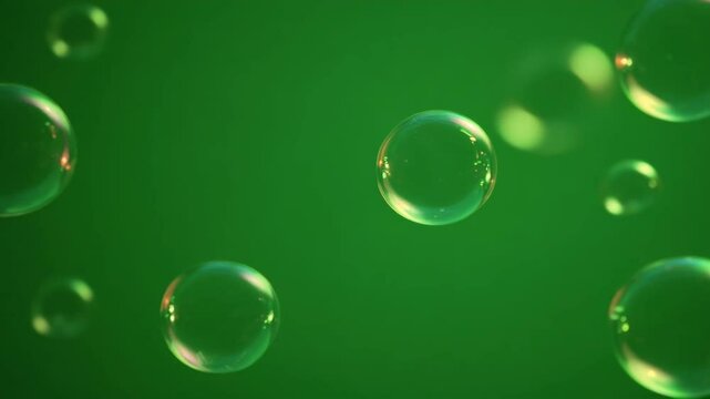 Floating soap bubbles iridescent reflections overlay animation on green screen chroma key background