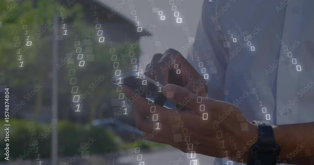 Poster tech professional tapping smartphone and activating binary digits for real-time data visualization