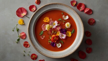 Tomato Soup with Edible Flower Petals on Minimalist Background and Copy Space
