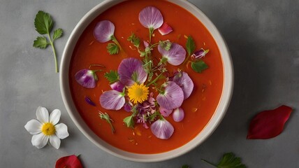 Tomato Soup with Edible Flower Petals on Minimalist Background and Copy Space