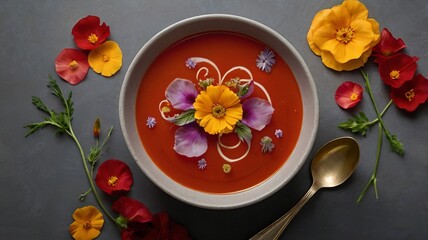Tomato Soup with Edible Flower Petals on Minimalist Background and Copy Space