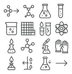 Chemistry collection, laboratory and science icons. experimental and molecular symbols set