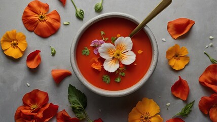 Tomato Soup with Edible Flower Petals on Minimalist Background and Copy Space