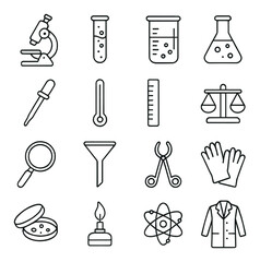 Scientific tool collection, lab equipment icons. research and laboratory instrument set