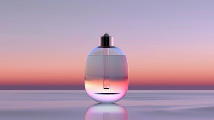 Serene Essence: A bottle of liquid captures a tranquil sunset, embodying peaceful, minimalistic luxury against a smooth, gradient backdrop for a sophisticated, aesthetic composition.