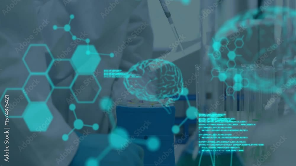 Poster research scientist handling pipette tip starting hexagon graphics overlay for brain code analysis