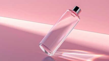Elegant pink perfume bottle with a dark cap and subtle light play against a monochromatic pink studio background.