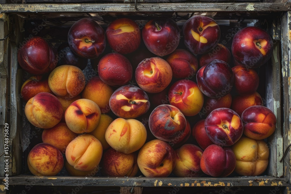 Poster ripe peaches and nectarines are overflowing a rustic wooden crate, creating a vibrant display of sum