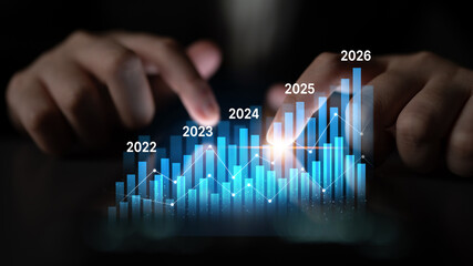 Business bar chart and line graph showing yearly business growth from 2022 to new year 2026,...